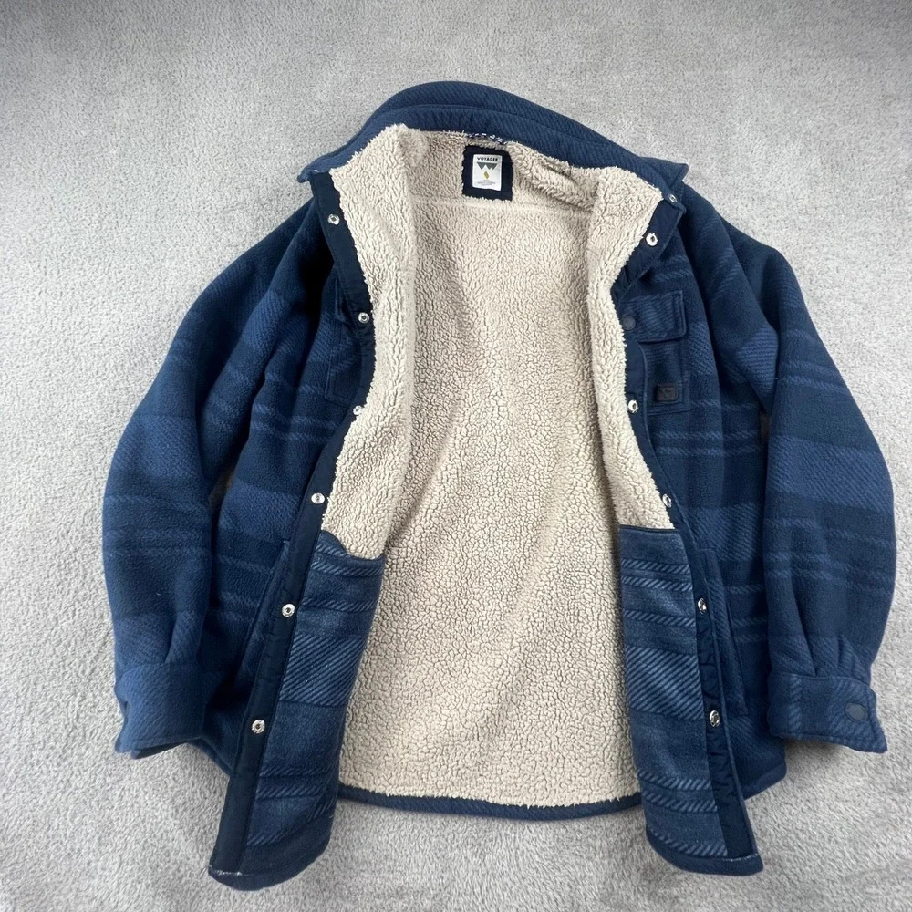 Voyager Mens Blue Striped Sherpa Lined Fleece Shirt Jacket‎ Shacket Medium